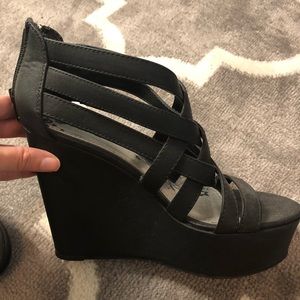 Strappy Black Wedge Heels